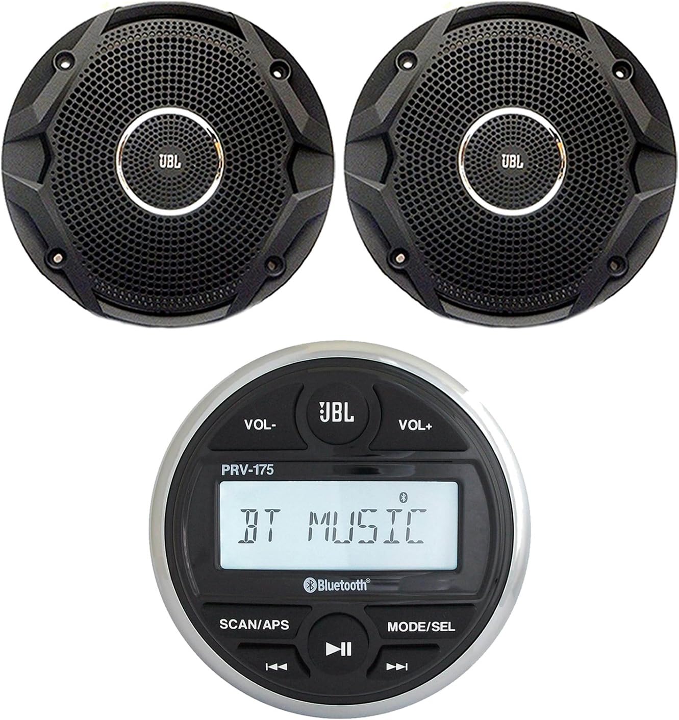 Gauge Style Marine Digital Media Bluetooth Receiver Bundle Combo with 1 Pair (QTY 2) of 6.5 Dual Cone Black Stereo Boat Yacht Speakers