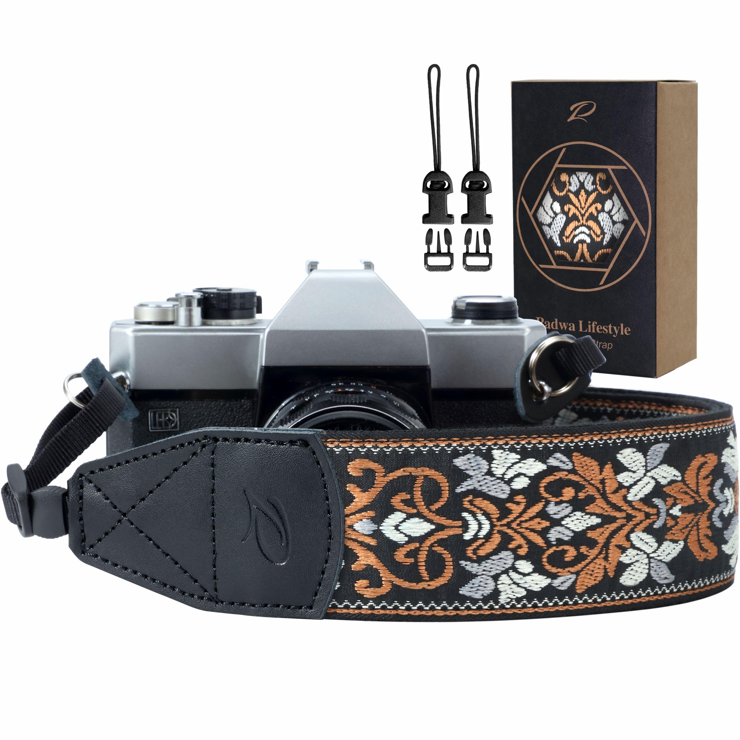 Padwa Lifestyle Camera Strap - 2 inch Wide Cowhide Head Shoulder Neck Camera & Binocular Straps, Vintage Jacquard Embroidery Multi-pattern Camera Straps for Photographers(Vintage Brown Flower)