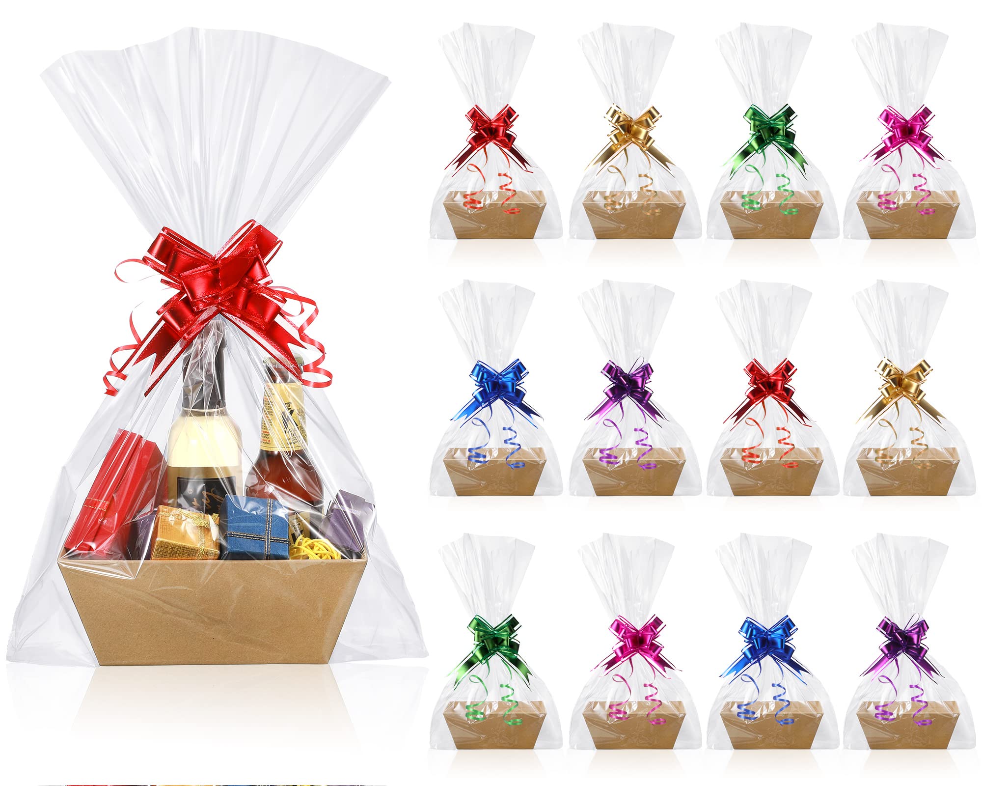 Photo 1 of 50 Pcs Empty Gift Basket Set 12 Pcs Basket for Gifts Empty Kraft Market Tray Cardboard Basket with Handles, 18 Bags, and 20 Multicolor Bows for Wedding Birthday Easter, 10 x 7 x 3 Inches