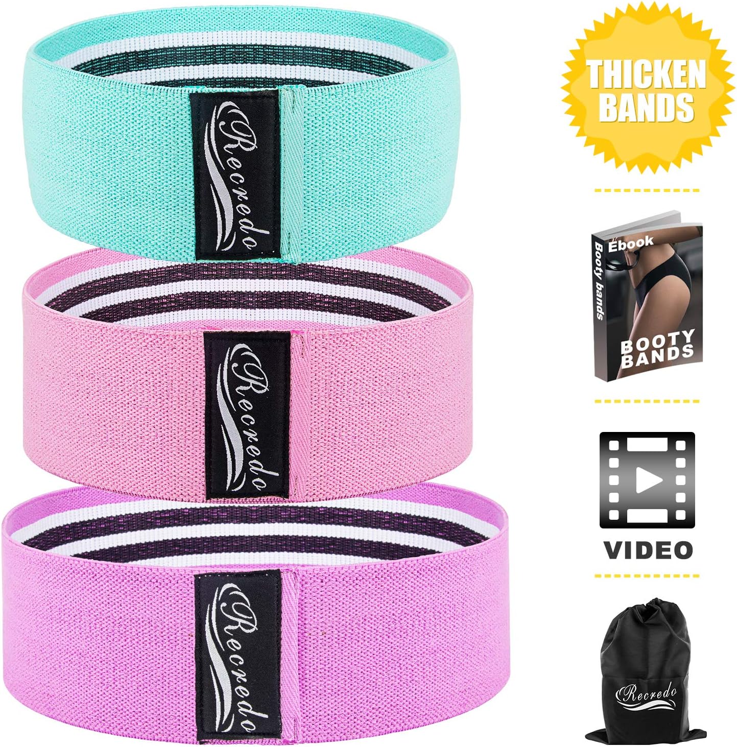 Recredo Booty Bands, Non Slip Resistance Bands for Legs and Butt, Workout Bands Exercise Bands Glute Bands for Women, 3 Pack - Training Ebook and Video Included
