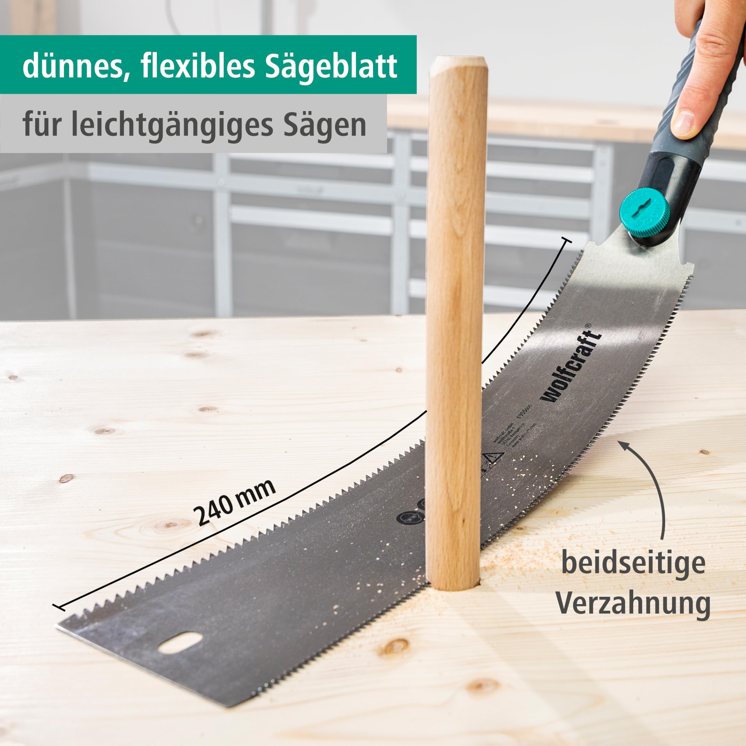 wolfcraft Japansäge - Beidseitig verzahnte Ryoba Handsäge I Ideal für die Bearbeitung von Holz und Kunststoff sowie für Fußleisten I 240 mm Sägeblatt - Zugsäge - 6951000 3