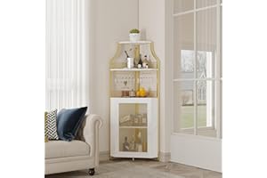 OUTGOODS Corner Bar Cabinet, 5-Tier Industrial Corner Wine Cabinet with Removable Glass Rack, Liquor Storage Cabinet with Adjustable Shelves, Home Bar with Glass Doors and Baffle, Gold with Light