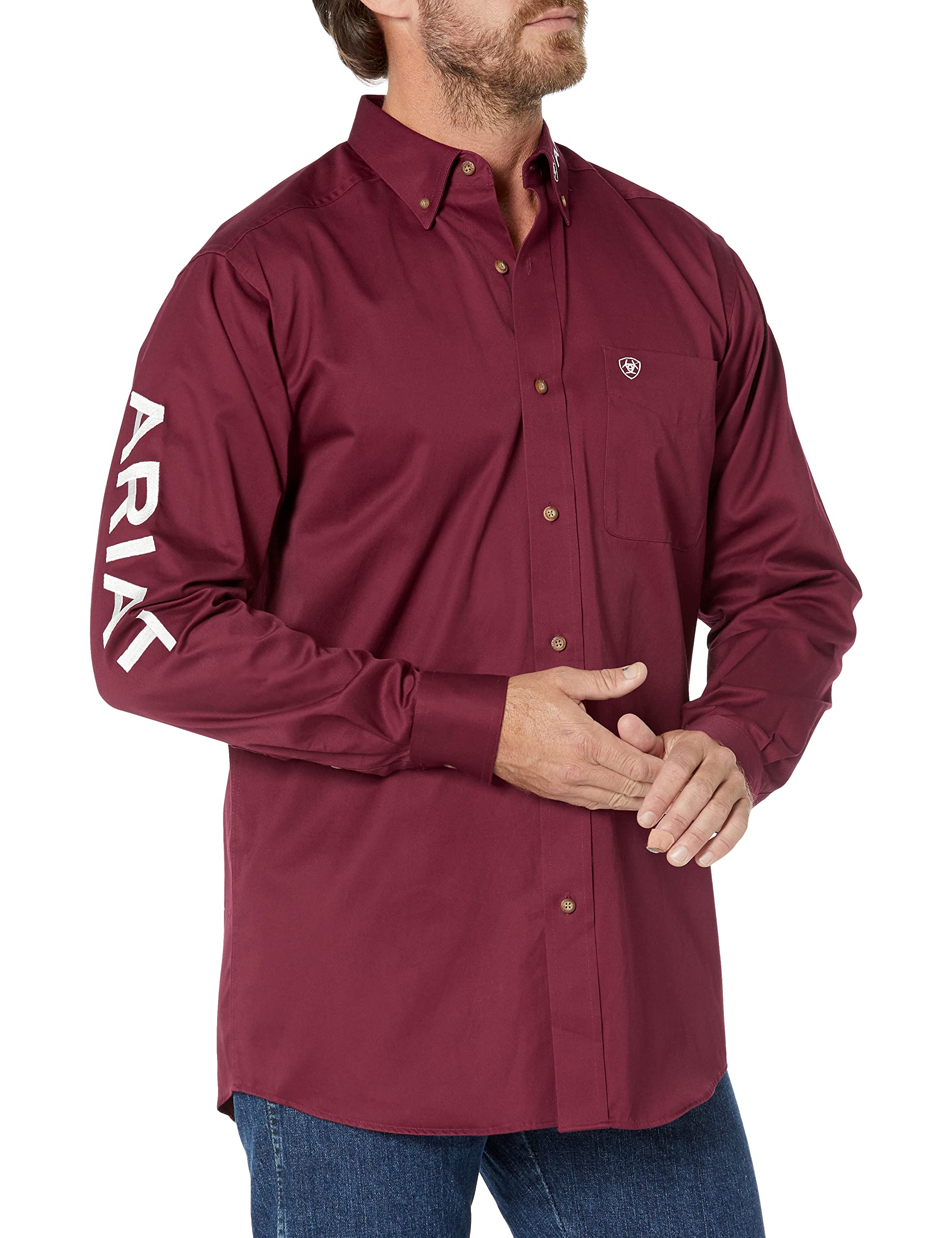 ARIAT Team Logo Twill Fitted Shirt, Burgundy/White, X-Large Image