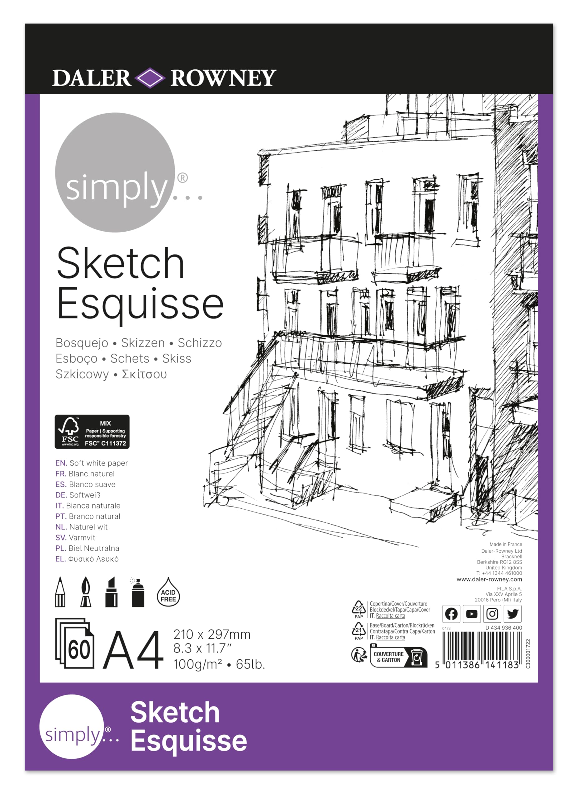 Daler-Rowney Simply Lightly Textured 100gsm A4 Sketching Paper, Glued 1 Side, 60 White Sheets, for Entry-Level Artists & Hobbyists