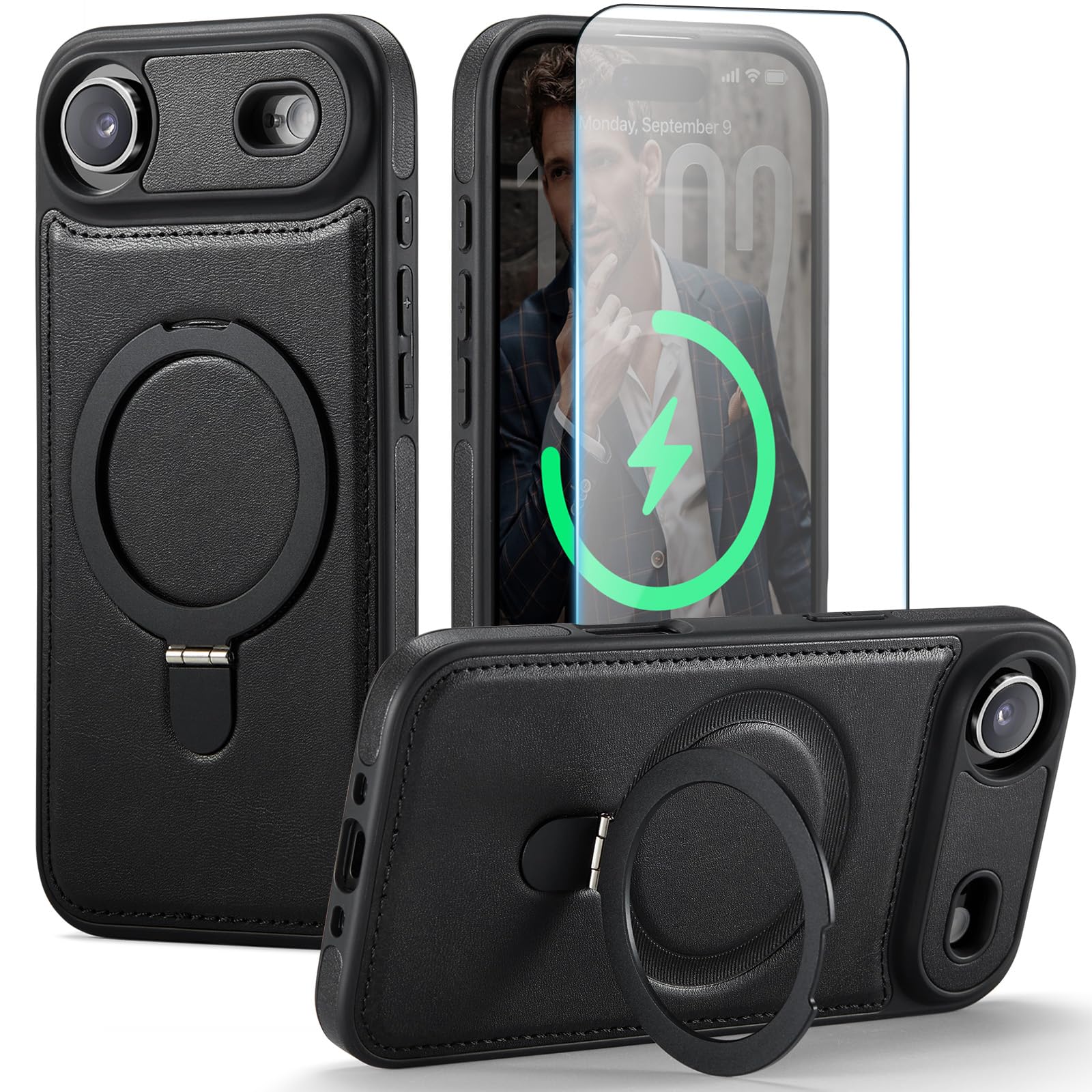 CHEEWADA for iPhone 17 Air Case with Stand, Compatible with MagSafe, Slim PU Leather & TPU Protective Magnetic Kickstand Phone Cases with Tempered Glass Screen Protector for iPhone Air 6.5", Black