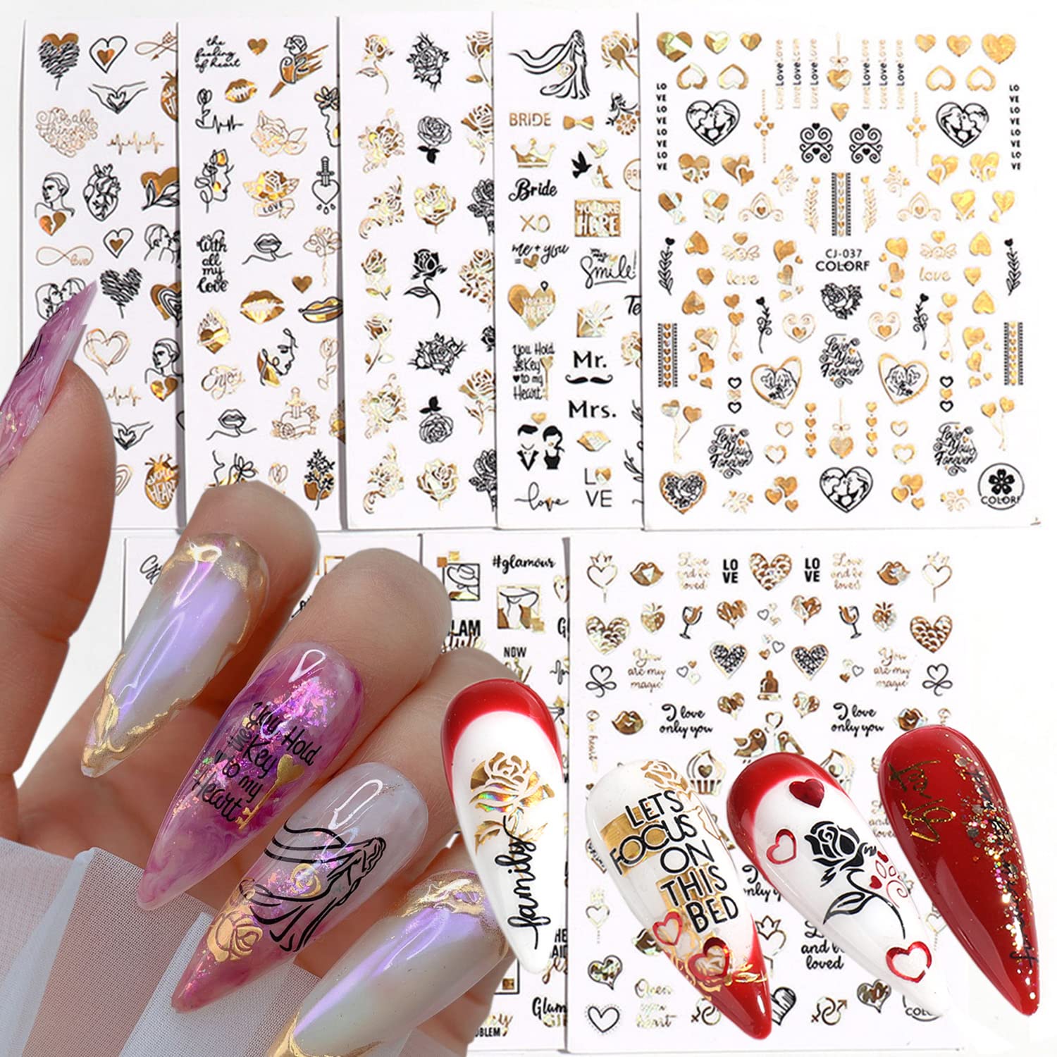 Gold Rose Flowers Leaf Love Heart Lips Letters Nail