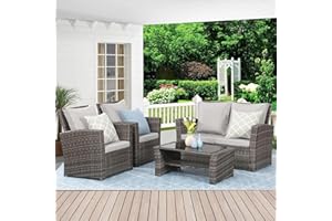 Wisteria Lane 4 Piece Patio Furniture Set, Wicker Outdoor Patio Conversation Furniture Set, All Weather Outdoor Patio Sofa with Cushion and Glass Table, Light Gray
