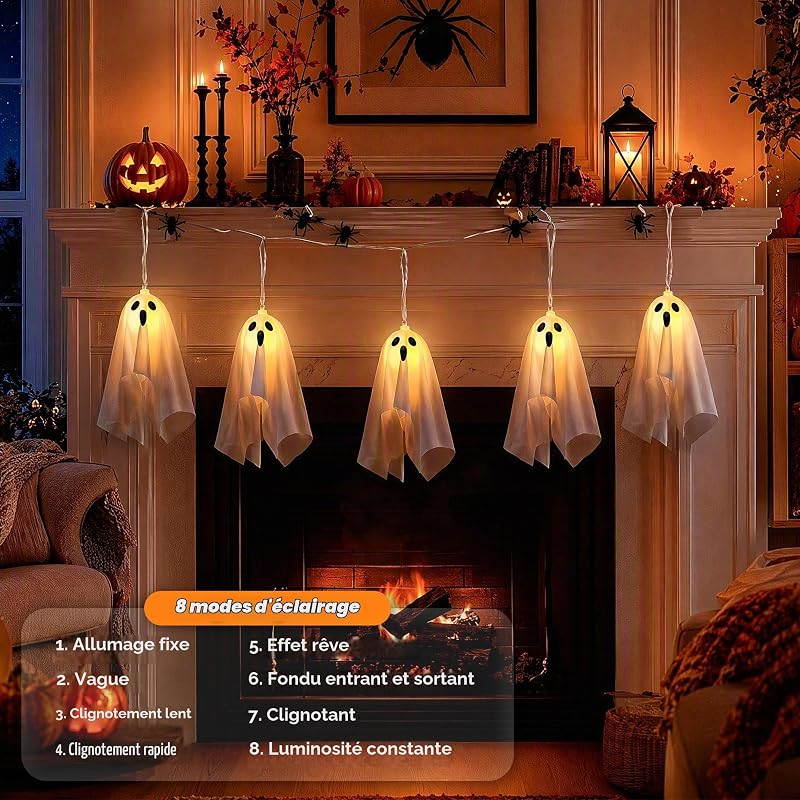 Fantôme à Suspendre Halloween, 2.75M Guirlande Lumineuse Fantôme Décoration Halloween à 8 Modes, avec Télécommande et Minuteur, Deco d'halloween à Suspendre Extèrieur à Piles pour Fête, Patio — photo 3 sur 8