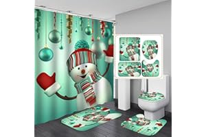 BABOIES Merry Christmas Shower Curtain Set for Bathroom, 4 Pcs Xmas Shower Curtain/ Non-Slip Bathroom Rugs/ Lid Toilet Cover/ Bath Mat, Funny Santa Claus Christmas Snowman Carpet Decor (Happy Snowman)