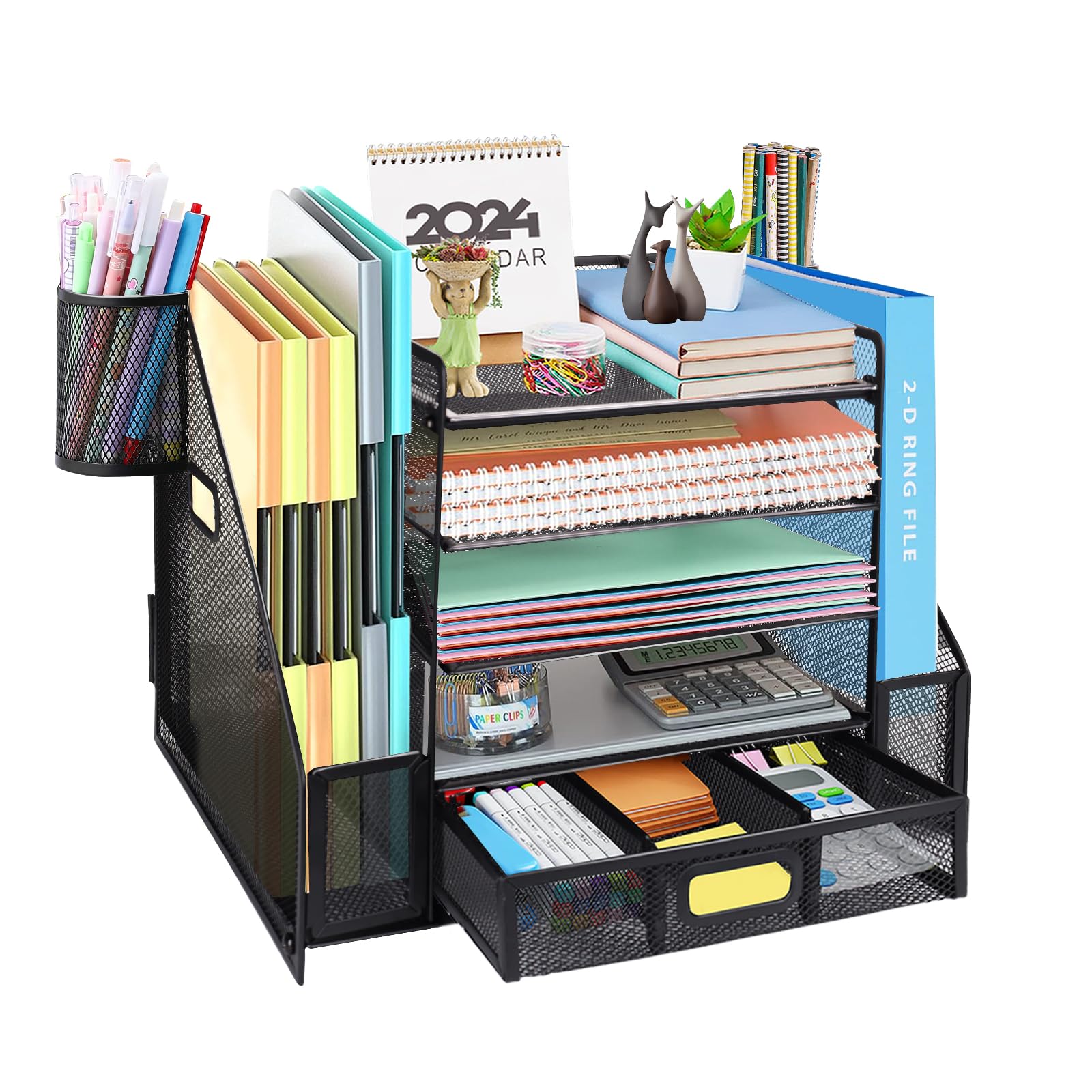 HMXLJJY Mesh Desk Organizer with File Holder, 5-Tier Paper Letter Tray Organizer with Magazine Holder, Desktop Organizer and Storage for Office Supplies Home or School, Black
