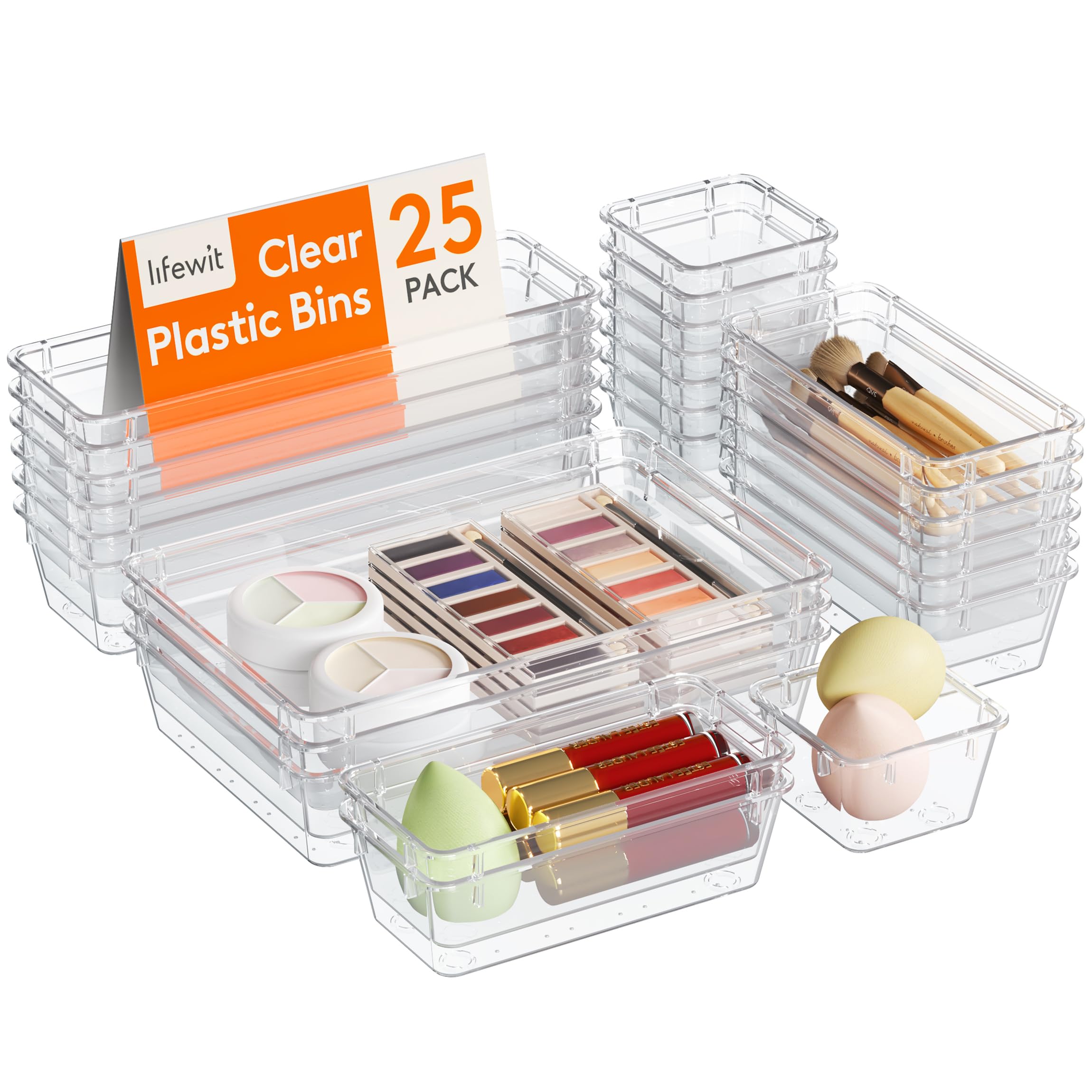 Lifewit 25pcs Drawer Organiser Set, Clear Makeup Trays Plastic, Desk Drawer Dividers Dresser Storage Bins Separation Box for Bathroom, Office, Cosmetic, Jewelries and Gadgets, Bedroom