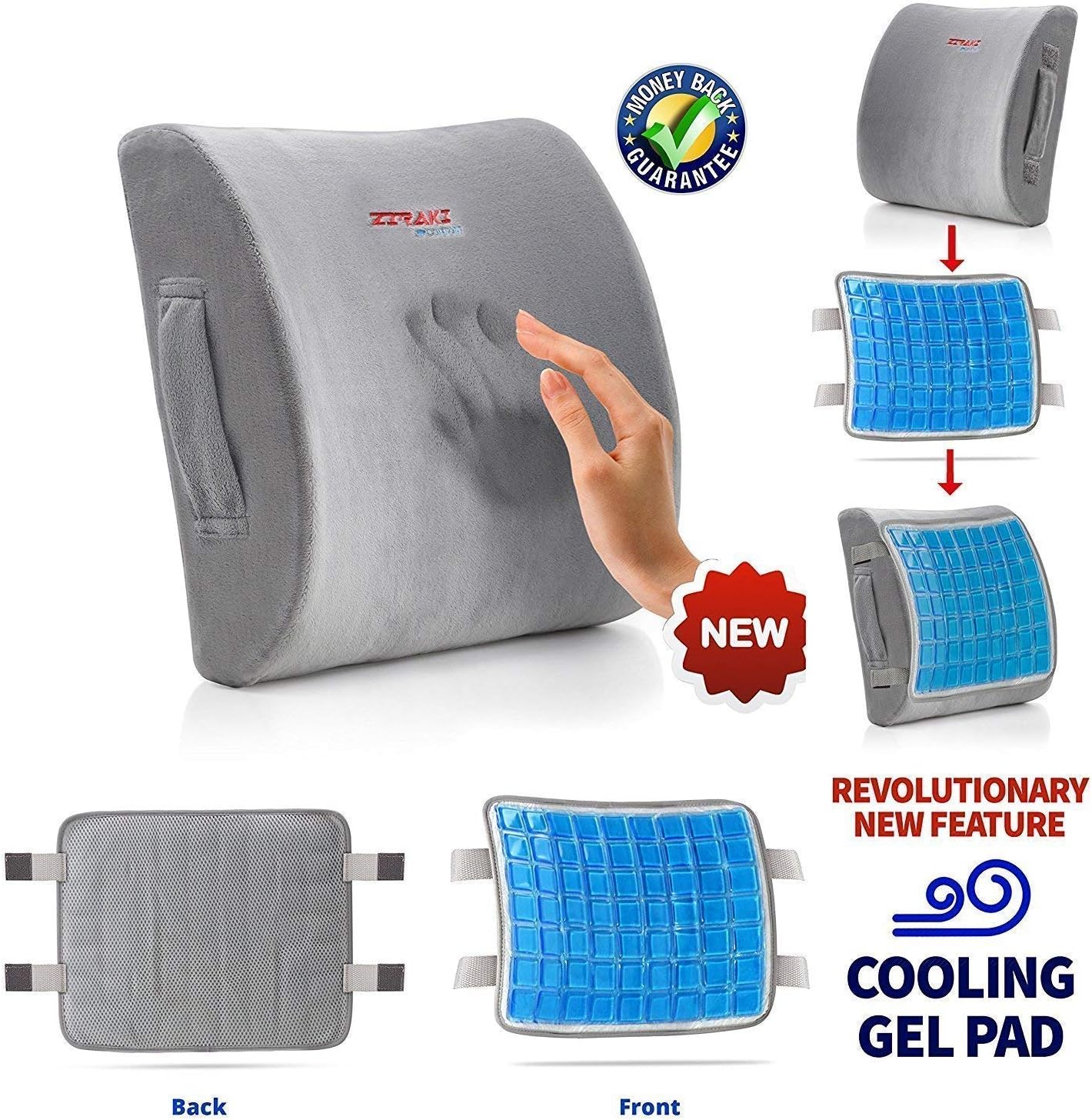 Lumbar Support Back Pillow Cushion - 100% Memory Foam to Protect & Soothe Lower Back, Pain Relief, Orthopedic, Velvet Washable Cover, Cool Gel, Adjustable Straps Ideal Gift Home Office Chair Car Seat: Home & Kitchen