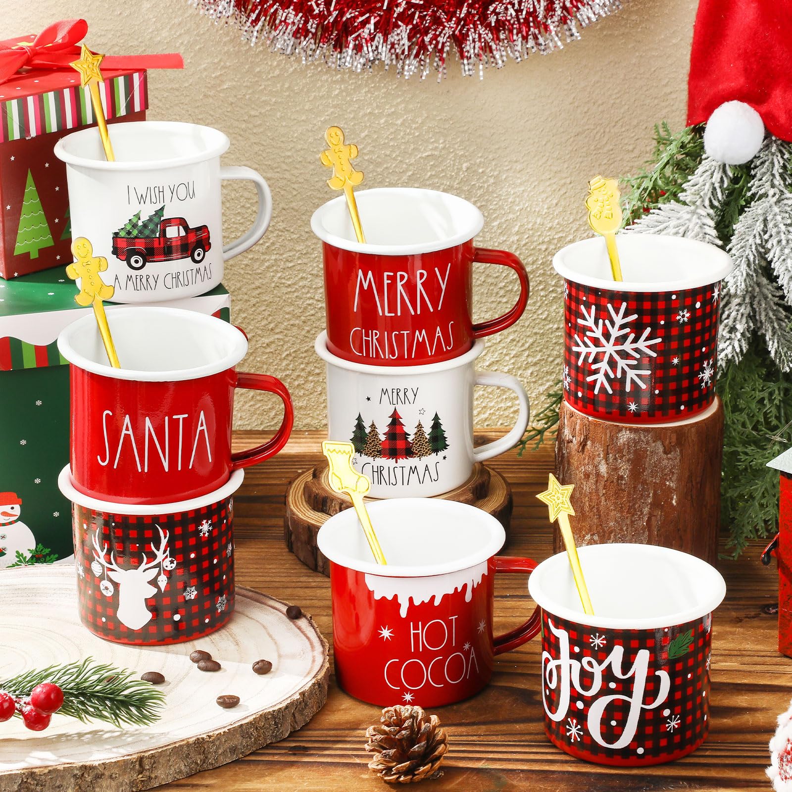 Photo 1 of ***(MISSING SPOONS)***Sliner 8 Set Christmas Coffee Mugs with Spoon 12 Oz Holiday Coffee Enamel Mug Hot Cocoa Design Christmas Gift Mugs for Xmas Friends Coworker Office Home(Red Plaid)