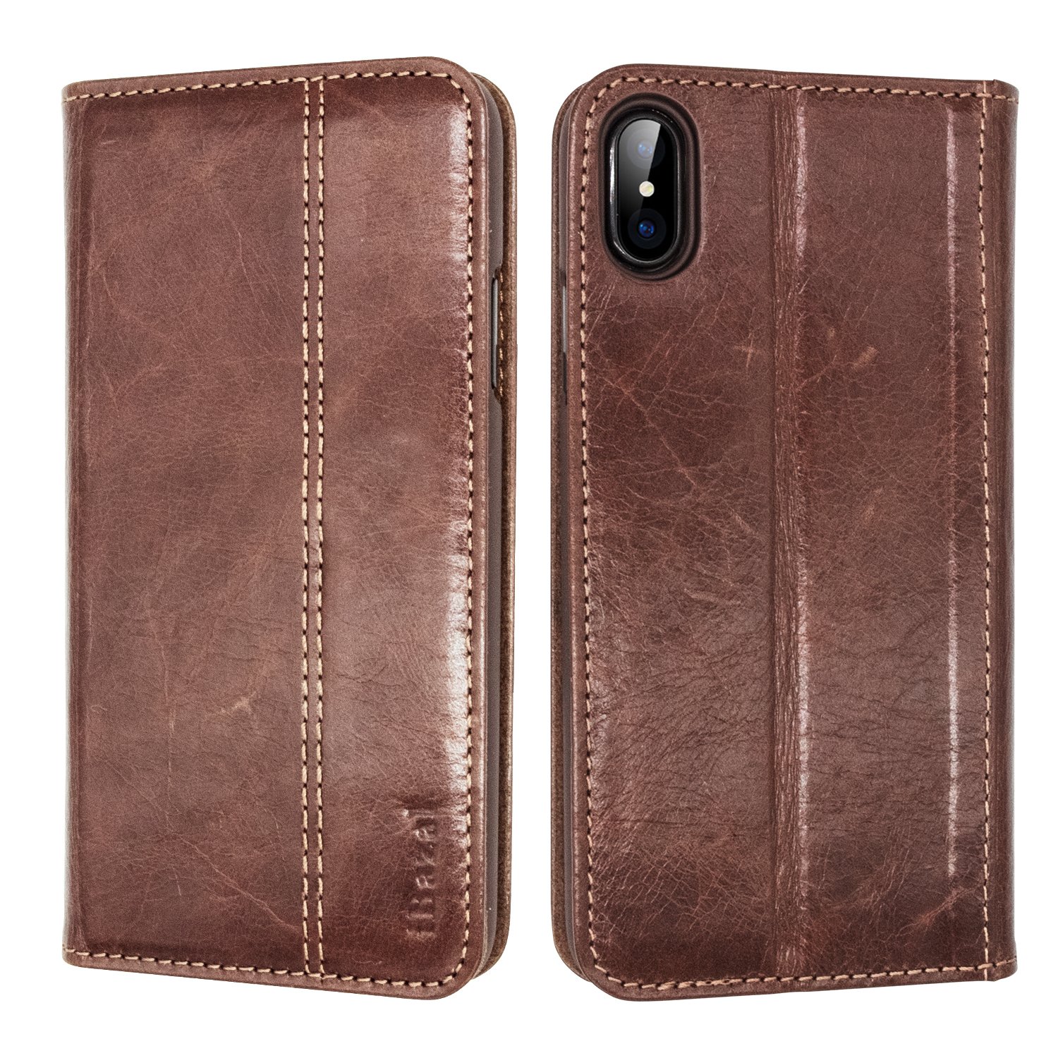 iPhone X Case, iBazal Stand Folio Leather Case, Vintage Handmade Genuine Leather Flip Case with magnetic Closure for iPhone X / iPhone 10 5.8\'\' (2017) - Brown