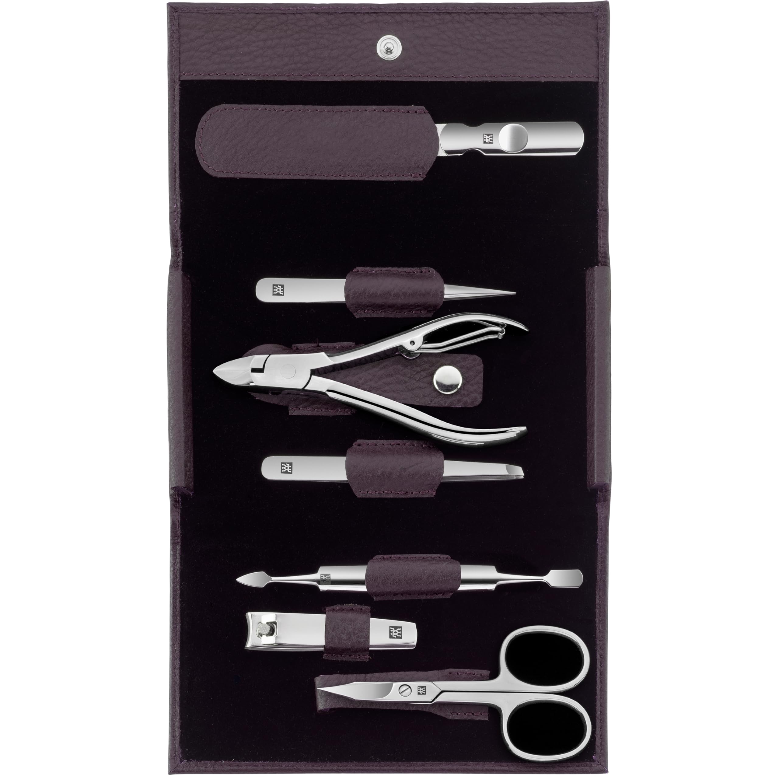 ZWILLING Manicure Set (7 piece, pedicure set, travel case set, nail care, genuine leather), Polished Stainless Steel, Purple