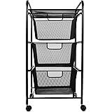 YIMU 3 Tier Metal Mesh Cart with 3 Drawers, Office& Kitchen Storage with Rolling Wheels, Black