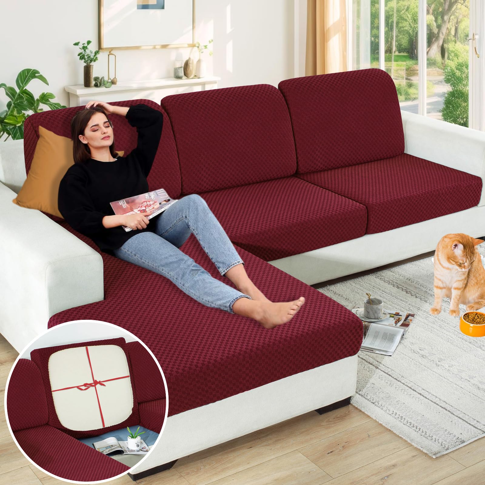 Photo 1 of ?Clearance? Sectional Couch Covers for L Shaped Chaise Lounge 1 Piece Separate Cushion Couch Universal Replacement Large Checkered Furniture Protector with Elastic Bottom (Chaise Cover, Wine Red)