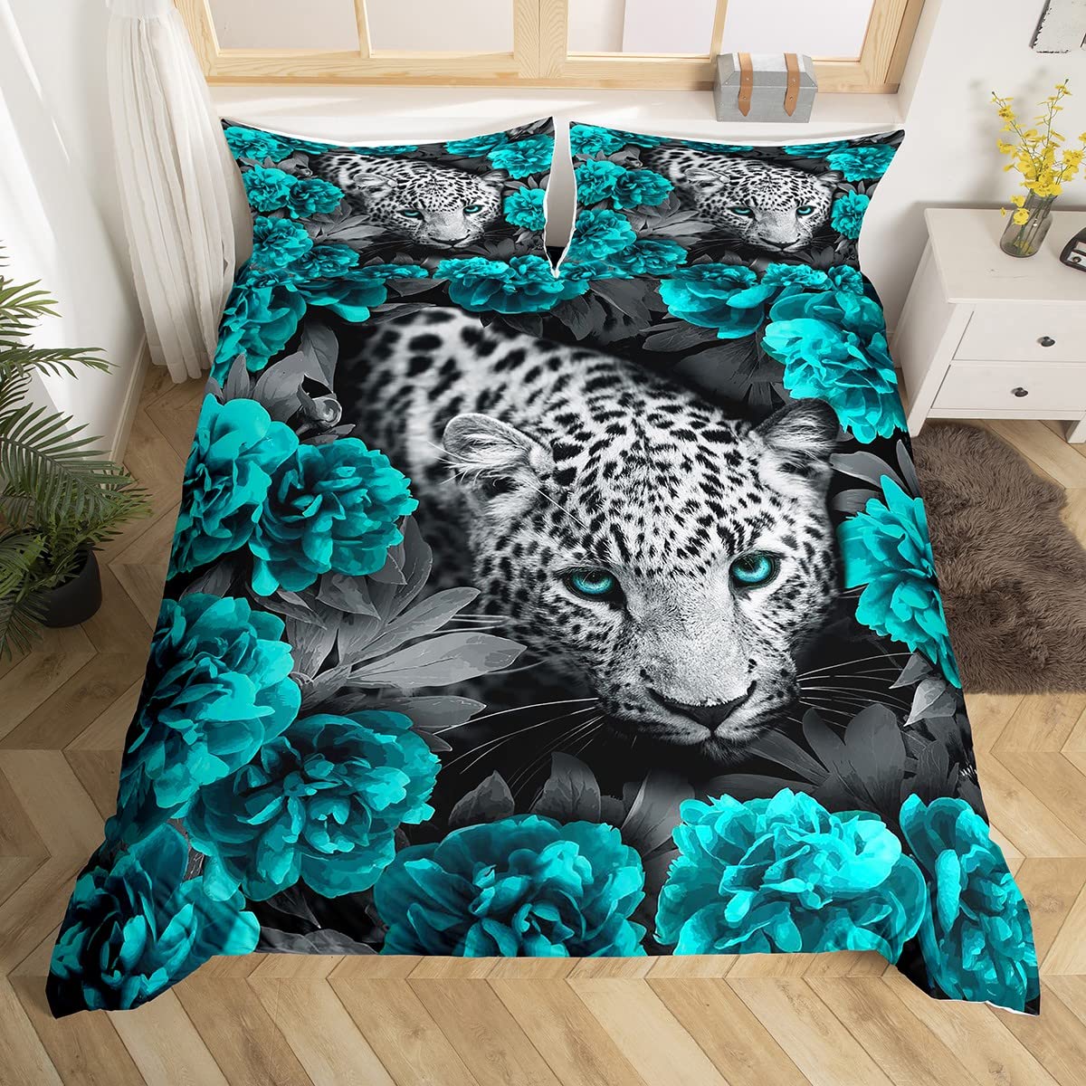Homewish 3D Leopard Duvet Cover Teal Rose Cheetah Print Bedding Set King Size African Safari Animals Comforter Cover For Child Teens Youth Man Novelty Big Cat Wildlife Wild Animal Room Decor — image 1