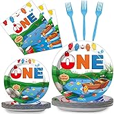 96 Pcs Ofishally One Birthday Party Paper Plate and Napkins Gone Fishing 1st Party Party Decorations Little Fisherman Tableware Set Disposable The Big One Birthday Supplies for Party Favors 24 Guests