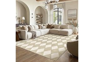 PureCozy 8x10 Checkered Area Rugs for Living Room Beige Machine Washable Large Rug Non-Slip Stain Resistant Low Pile Boho Acc