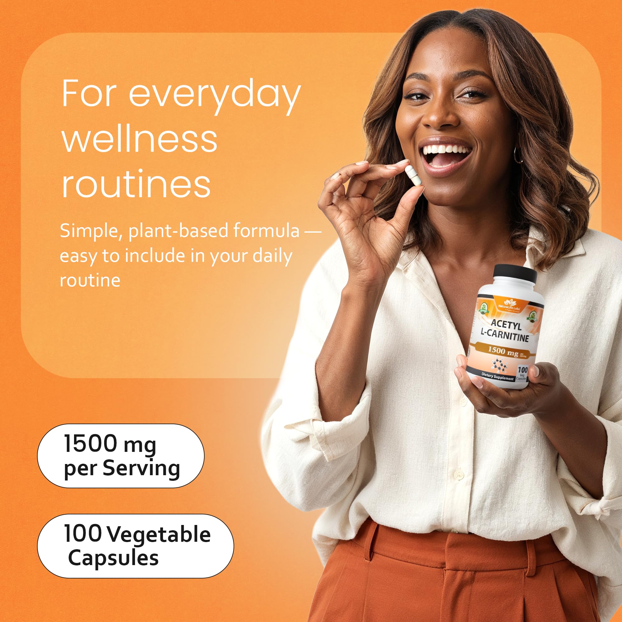 Acetyl L-Carnitine (ALCAR) 1500 mg per Serving – 100 Capsules – Non-GMO, Gluten-Free, Vegan