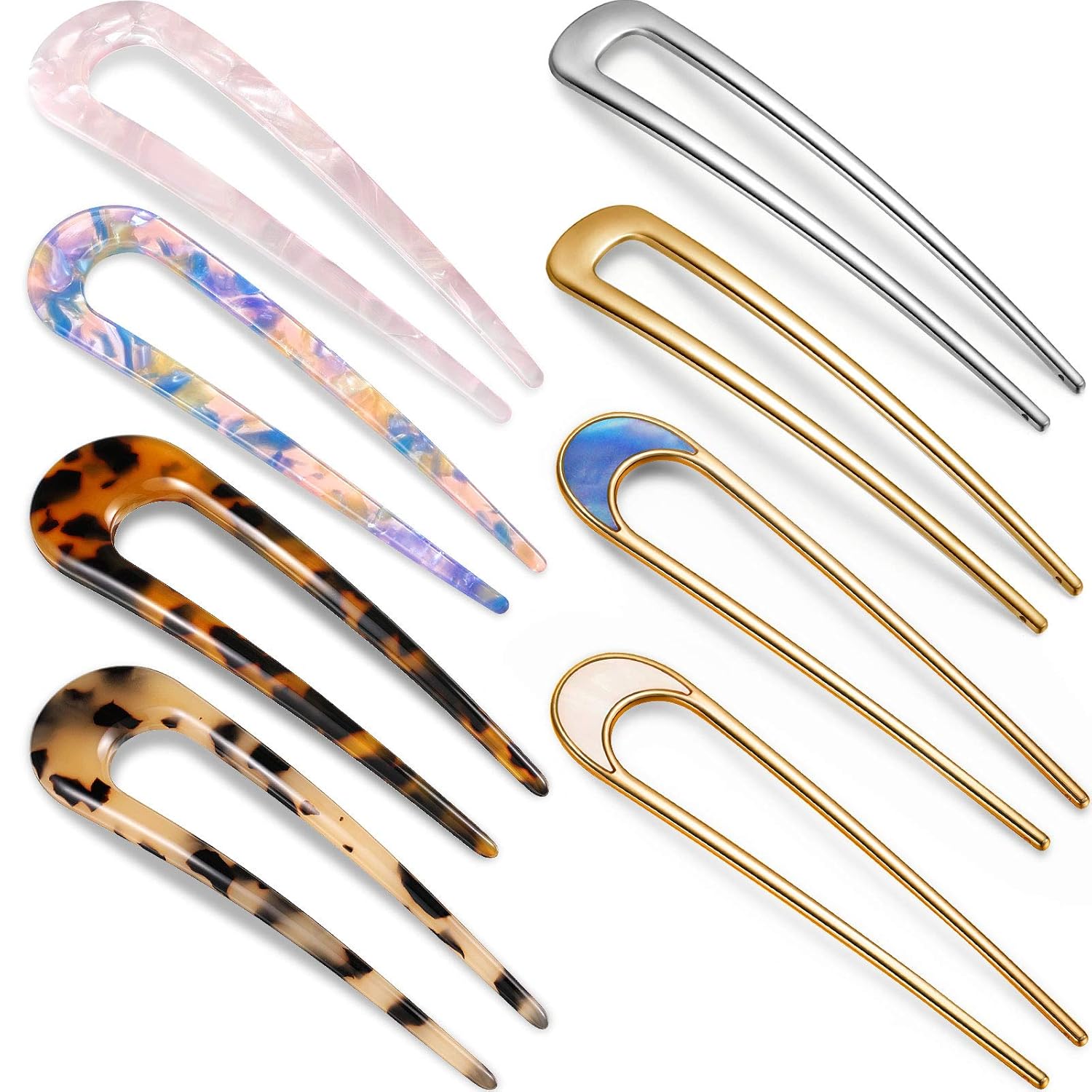 8 Pieces U-Shaped Hairpin with 2 Prongs Vintage Hair Pin Fork Sticks Tortoise Shell U Shape Hair Clips Bun Hair Pins Clips for Women Hair Styling Accessories (Light Purple, Blue Purple Tortoise Shell) : Beauty