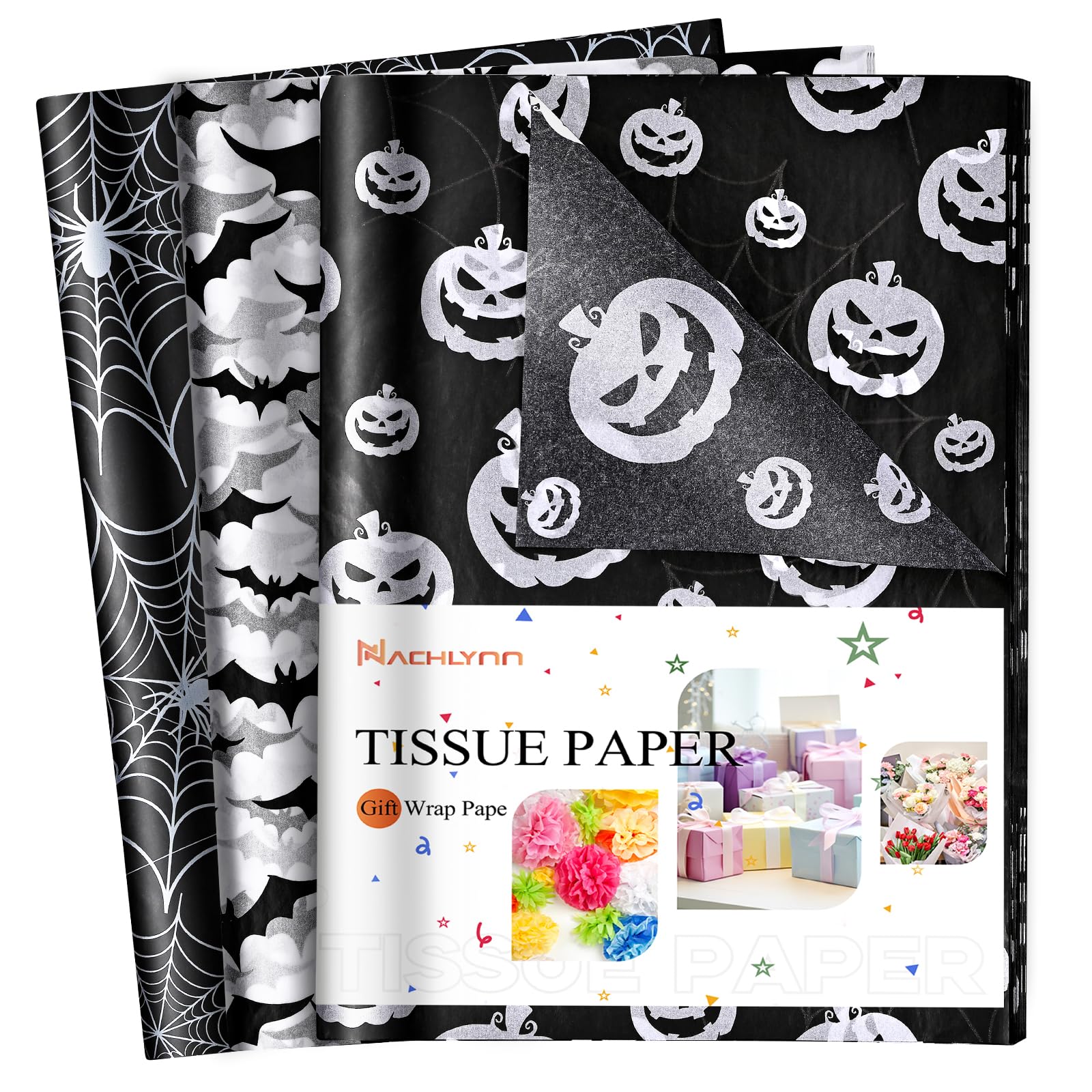 NACHLYNN 90 Sheets Halloween Tissue Paper Bulk - 14 x 20inch Black White Pumpkin Cobweb Bat Gift Wrapping Paper for Party Decorations & Crafts