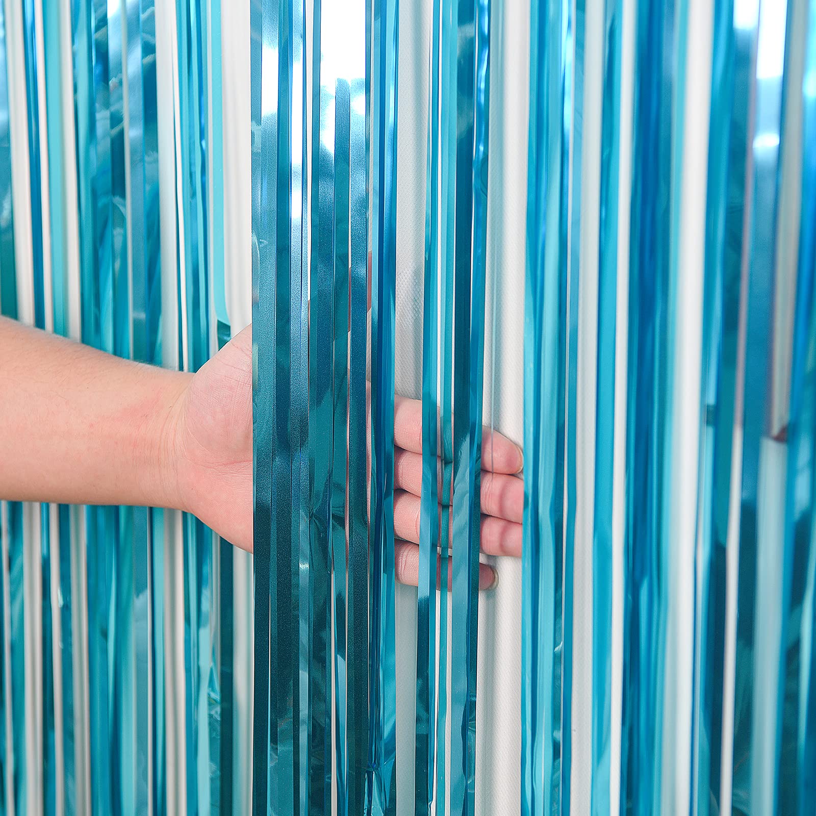 Kioneer Metallic Tinsel Curtains Light Blue 5 Packs 3 ft x 10 ft, Foil Fringe Curtains for Photo Backdrop Door Wall Hanging Window Curtain Party Office Decoration