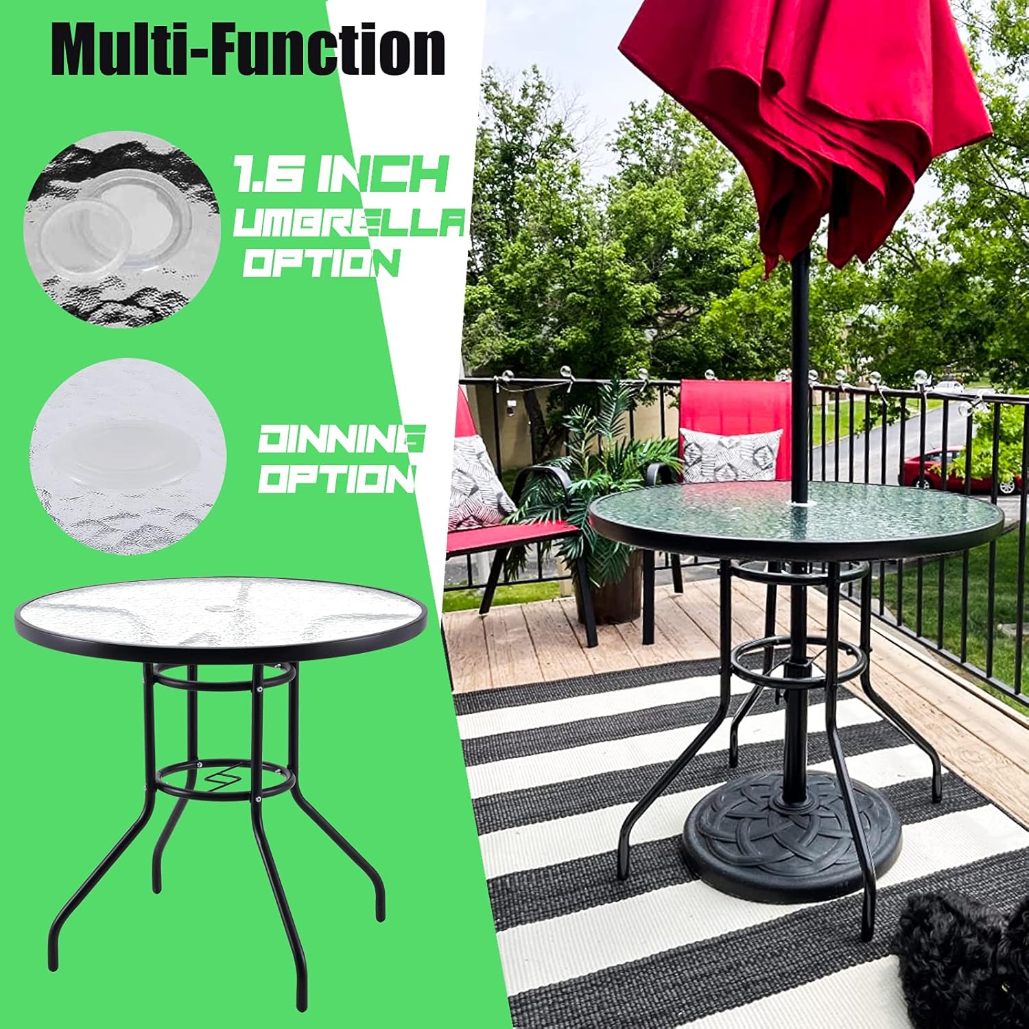 Outdoor Patio Table, 32'' Round Bistro Table with Tempered Glass Table Top and Umbrella Hole Steel Frame Outdoor Furniture Party Conversation Coffee Table for Garden Backyard Balcony Lawn: Kitchen & Dining
