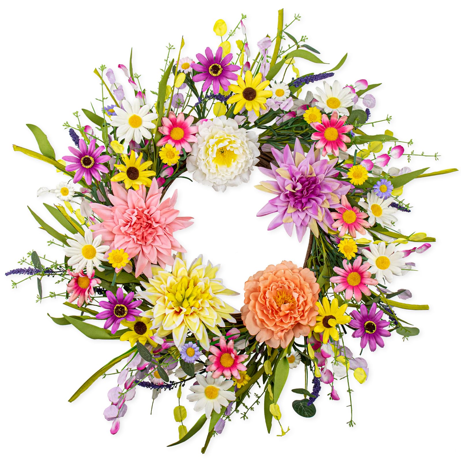 MagicWreath Artificial Spring Wreath 22 Inch Floral Wreaths for Front Door Spring Summer Wreath with Dahlia Daisy Flowers for Indoor Porch Wall Springtime Holidays Easter Celebrations