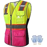 JKWEARSA Women Safety Vest, Multi Pockets High Visibility Reflective Breathable Mesh Work Vest For Lady, Durable Zipper