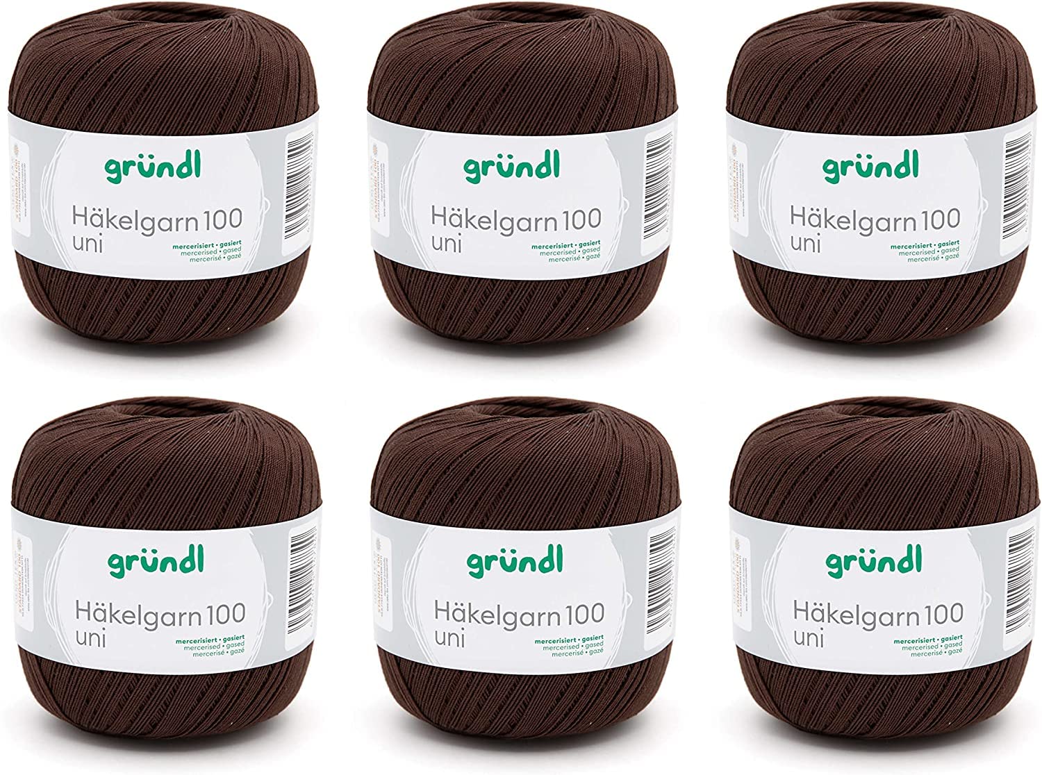 Gründl Wool Crochet Yarn 100 100% Cotton 6 x 100g Balls Needle Size 1.5-2 6 100g / 566m Thin Yarn for Crocheting Chocolate