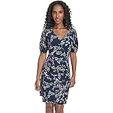 Tommy Hilfiger Womens Short Puff Sleeve V-Neck Floral Shift Mini Dress