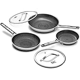 Roomena Nonstick Frying Pan Set with 2 Lid, Non-Toxic Tri-Ply Hybrid Ceramic Skillet 3 Piece, 8, 10 & 12 Inch Stainless Steel Pans, PFAS/PFOA/PTFE Free, Dishwasher & Oven Safe, Induction Compatible