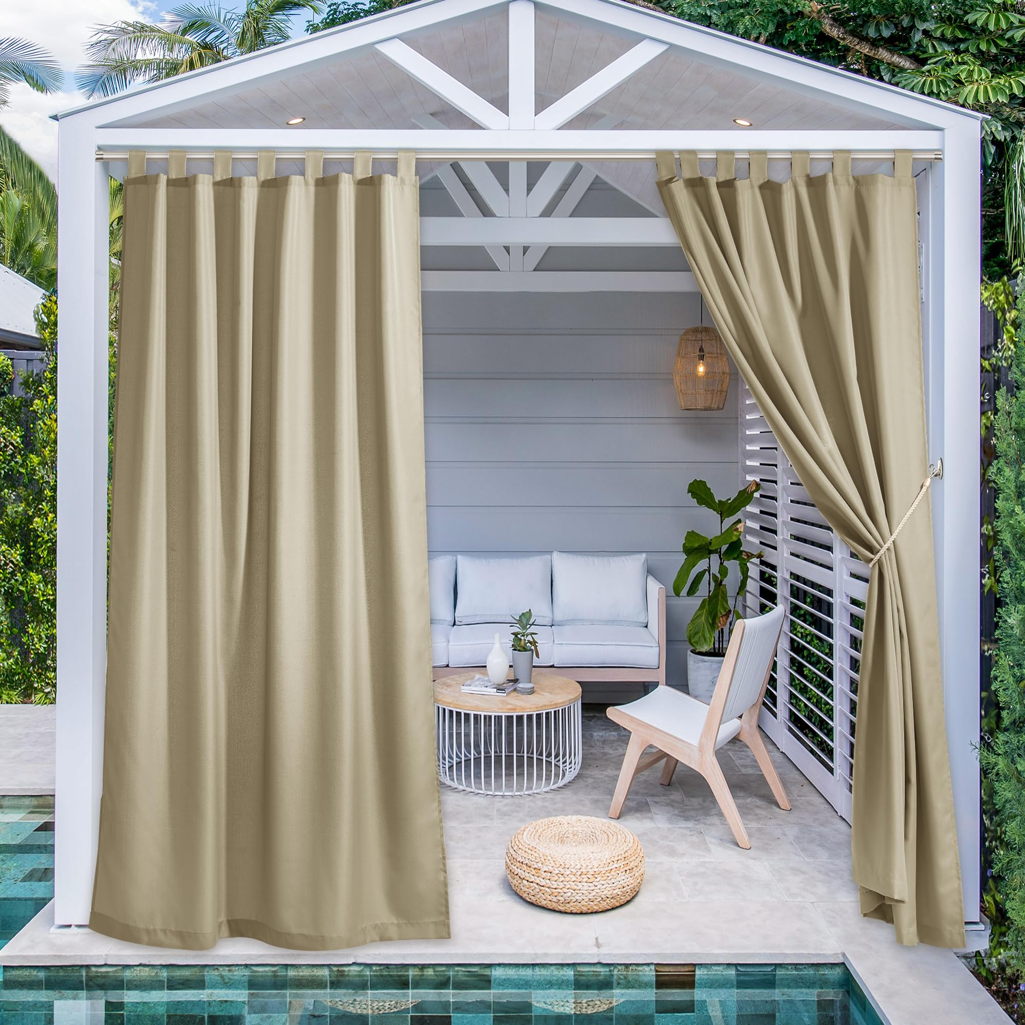 Photo 1 of NICETOWN 2 Panels Outdoor Curtains Tab Top Extra Long Drapery for Pool, Waterproof Thermal Insulated Privacy Inside Outside Window Treatments for Patio/Pavilion, 55 x 108-Inch, Taupe