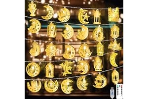 ZATAYE 30 LED Ramadan Decorations, Warm White Plug-in 16.4FT Ramadan String Lights with Remote, 8 Lighting Modes Ramadan Lights with Self-installation Metal Pendants for Ramadan Mubarak Eid Home Decor