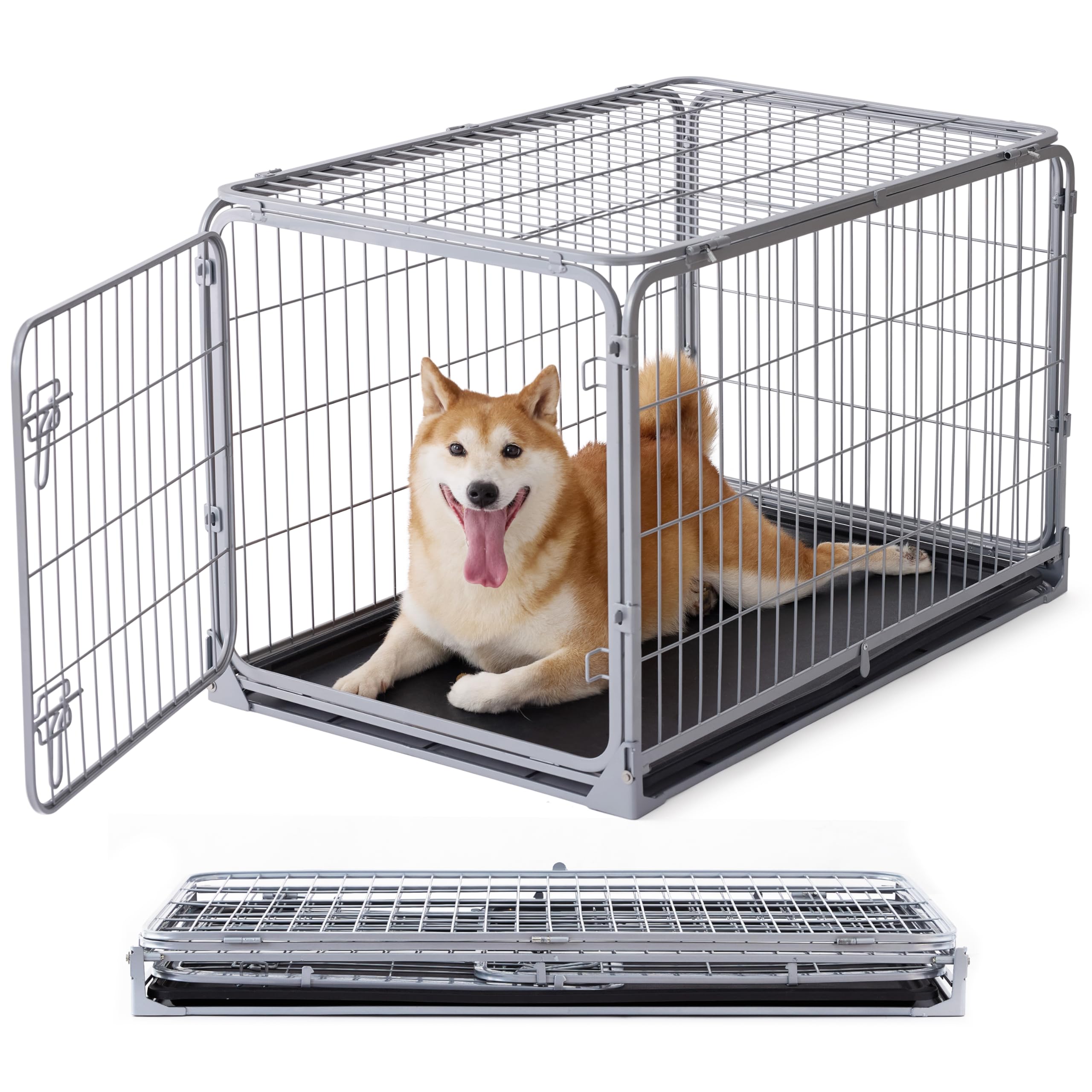 Photo 1 of ZOMISIA Collapsible Dog Crate for Medium Dogs - Foldable 36 inch Escape Proof Metal Dog Kennel with Double Door, Dog Cage with Removable Tray for Indoor Outdoor, Silver Gray