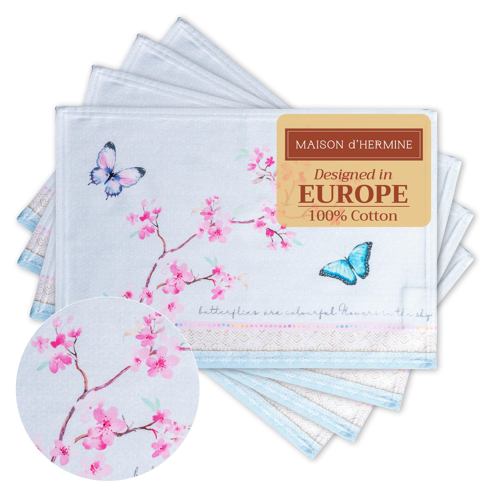 Maison d' Hermine Placemats Set of 4 100% Cotton Washable Reusable Table Mats for Home Kitchen Dining Party Wedding Restaurant Gifts for Mothers Day (Blossoms In Spring, 33 CM x 48 CM)