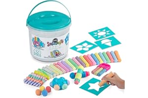 Loddie Doddie Sidewalk Chalk Bucket - 49 Pc Multicolor - Washable Bright Colors for Outdoor Activities for Kids - Grip Holders & Kids Art Supplies - Refillable Balls & Stencils in Sidewalk Chalk Kit