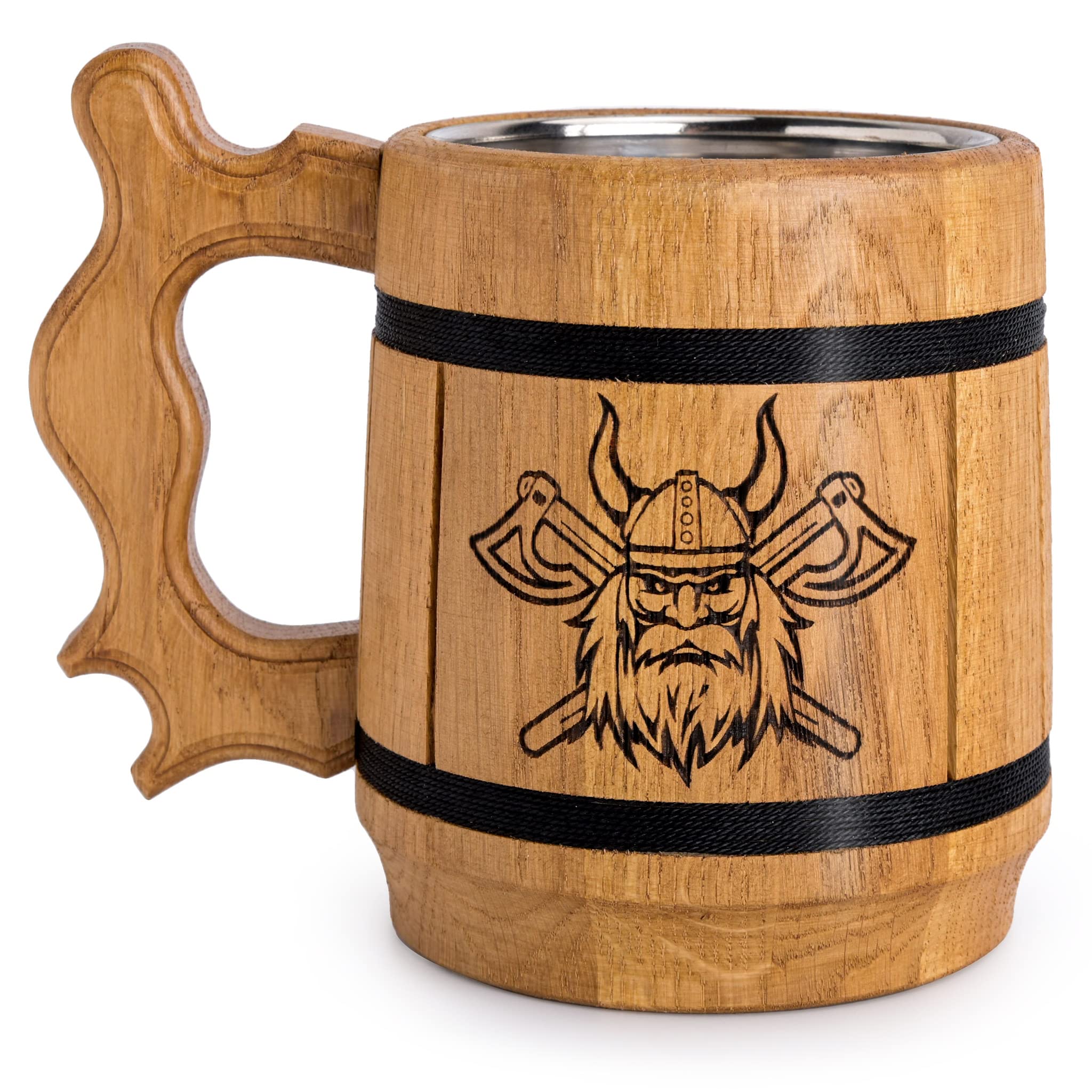 Teslyar Viking Beer Mug Tankard – Handmade Oak Wood & Stainless Steel Cup, 600 ml Viking Mug, Wooden Beer Stein, Medieval Style Drinkware, Men’s Gift, Father’s Day or Birthday (Light Viking)