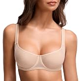 DOBREVA Women's Unlined Mesh Balconette Bra Underwire | Dotted Mesh, Square Neck, Wide Straps, Sheer, See Through, Plus Size, Natural Shape