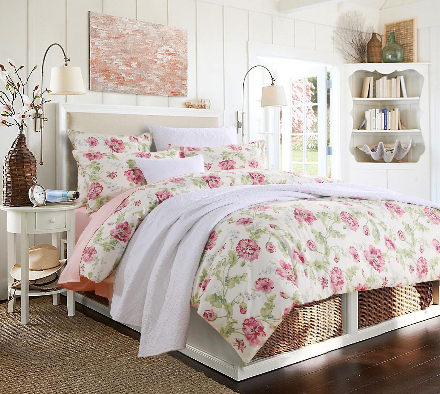 USTIDE 3-Piece Pink Floral Duvet Cover Set King Size Girls Bedding Sets 800 Thread Count Cotton Bedding Set with 2 Pillow Cases for All Seasons — image 1