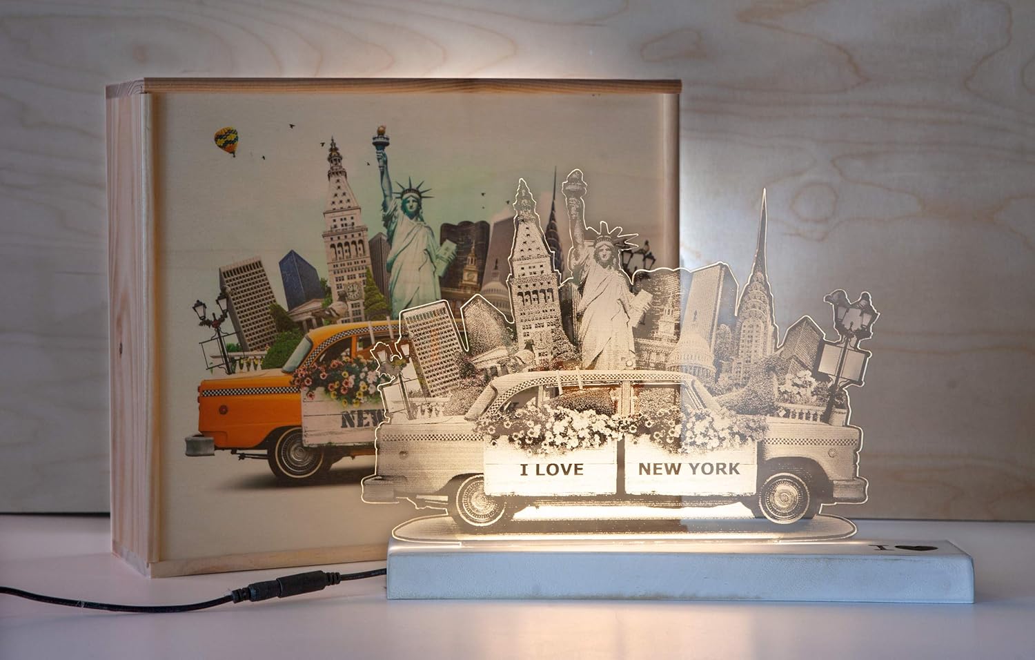 CREATIVA DIGITAL Lampara + Caja de Madera New York, Estampado, UNICOS: Amazon.es: Hogar
