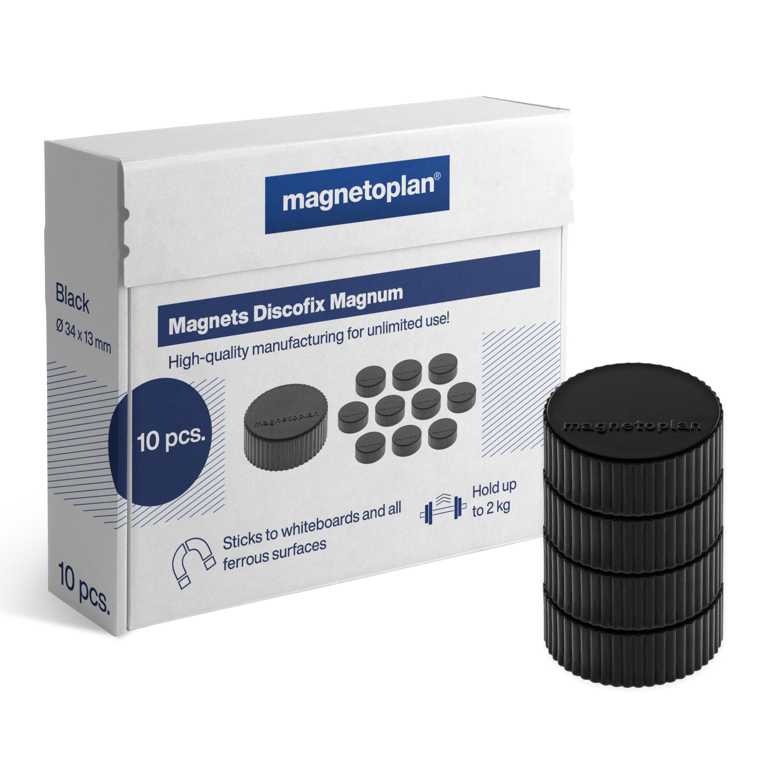 magnetoplan Premium Magnete Discofix magnum | ØxH 34x13mm | 10 Stück, schwarz | Haftkraft: 2 kg | Magnete für Magnettafeln und Whiteboards | Kratzfreie Spezialbeschichtung | Leicht abnehmbar