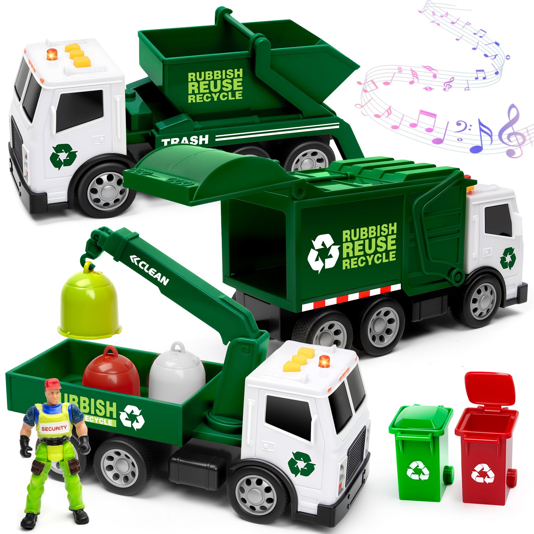 BunnyJOY Garbage Truck Toy Set, Friction Powered Recycling Vehicle Playset with Lights and Sounds, Includes Crane Truck, Dump Truck, Rear Loader, Bins & Figure, Educational Gift for Kids Age 3+