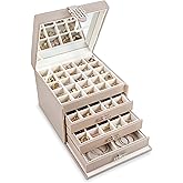 Glenor Co Earring Organizer Holder - 75 Small & 4 Large Slots Classic Jewelry Box with Drawer & Modern Closure, Mirror, 4 Trays Earrings, Ring or Chain Storage - PU Leather Case - Sand