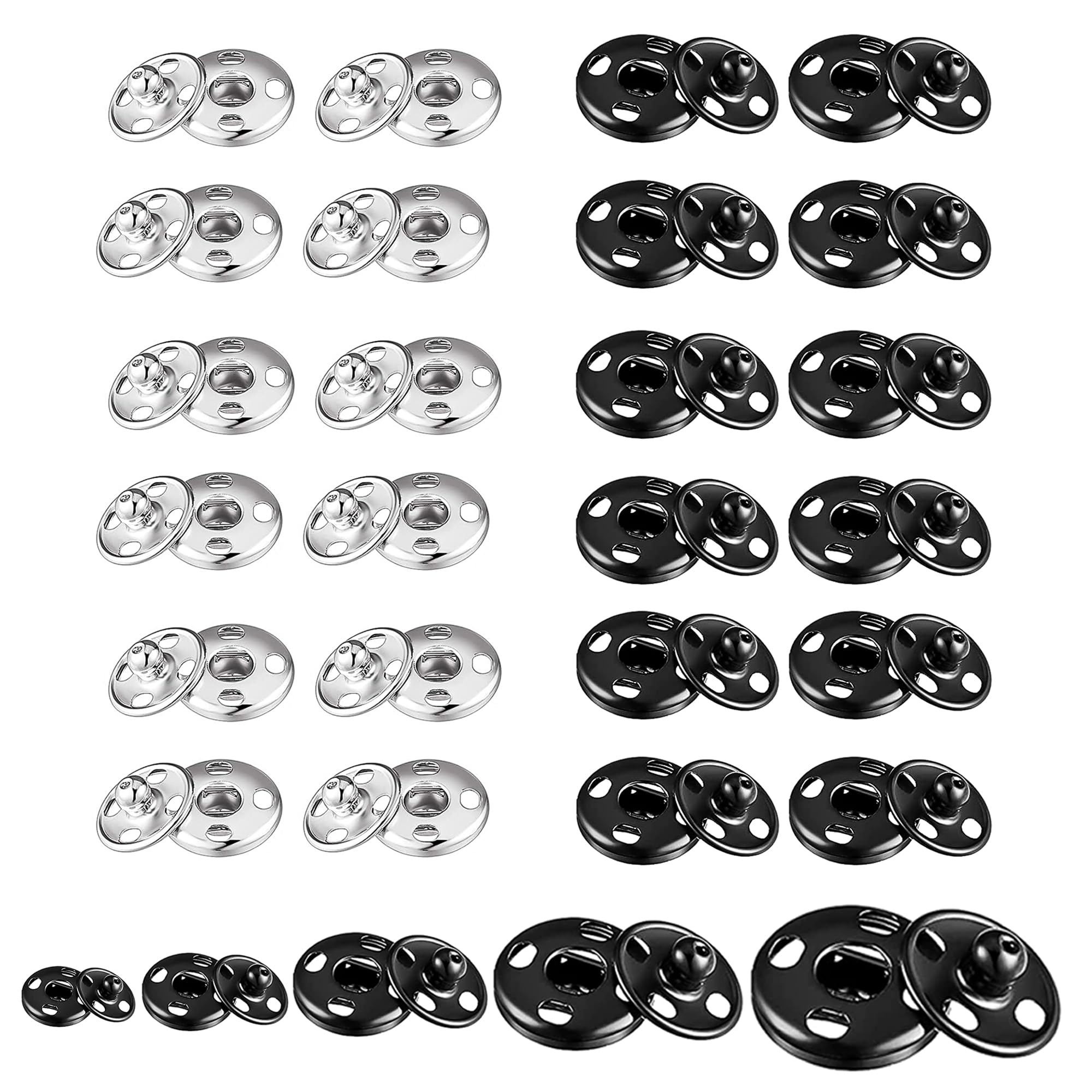 Press Studs Snap Fasteners Sew On Silver Black Large Small Heavy Duty Metal Buttons Clasp for Duvet Covers Wool Baby Clothes Glasses Cases Leather Bags Coats (52 Sets All Sizes Pack Black)