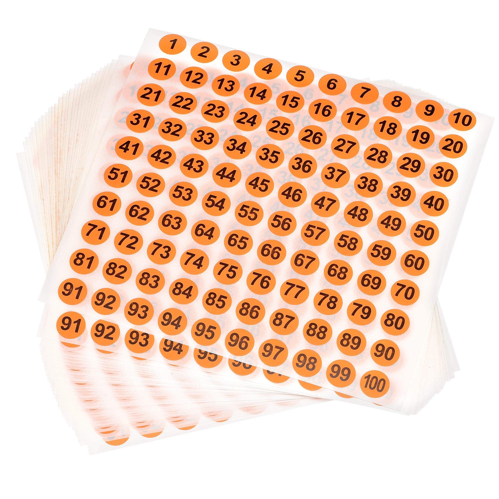 sourcing map Round Number Stickers, 10mm Dia Number 1-100 Coated Paper Label 30 Sheets, Black Word/Orange Background