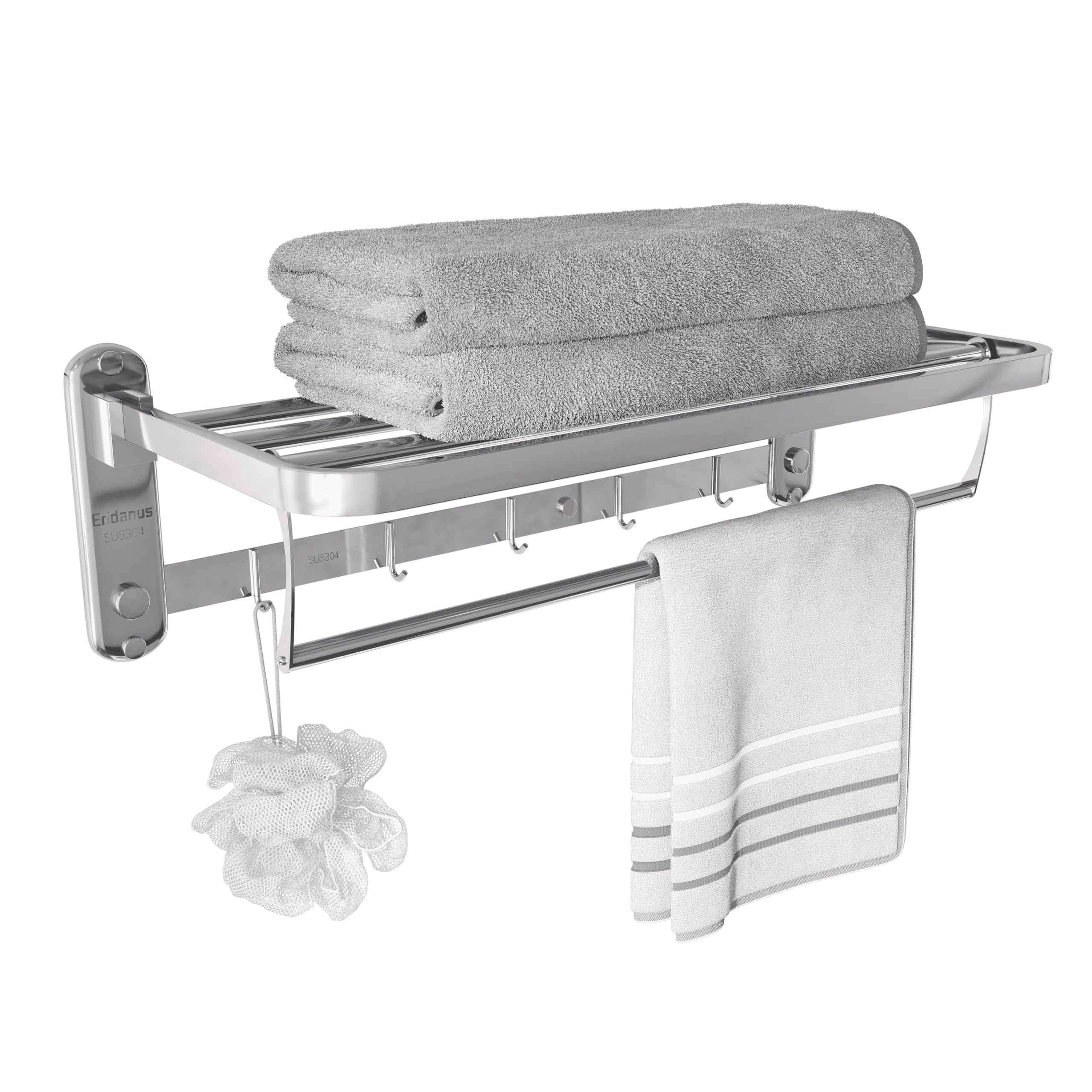 Eridanus Bathroom Towel Rack with 5 Towel Hooks, Wall-Mounted Stainless Steel Foldable Towel Rail with Double Towel Shelf, Hotel Style Shower Shelf Organizer, Chrome - 60 cm Long