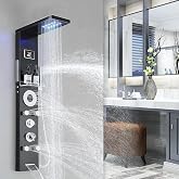 RUMOSE Matte Black Shower Panel Tower System, 5-Mode Shower Faucet Set | LED Light Rainfall Shower Head Digital Display with Massage Jets Tub Spout Shower Shelves, Stainless Steel, Wall Mount